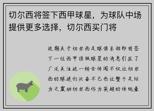 切尔西将签下西甲球星，为球队中场提供更多选择，切尔西买门将
